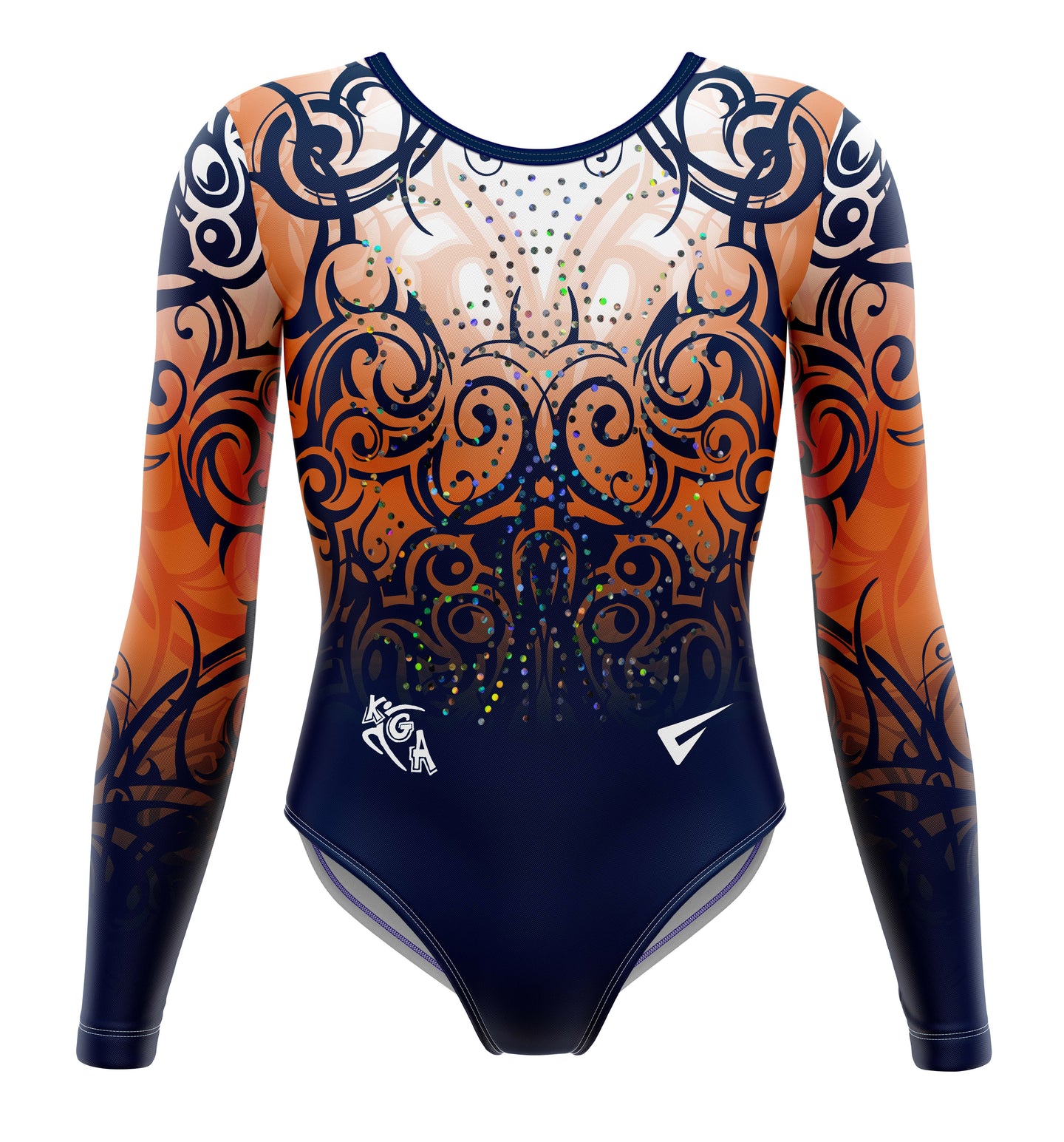 Gymnastics leotard with orange, navy blue, and white pattern on a white background