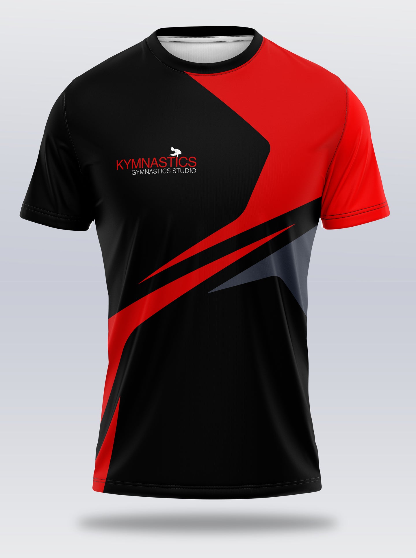 Black and red t-shirt with 'Gymnastics Studio' logo on a light gray background