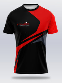 Black and red t-shirt with 'Gymnastics Studio' logo on a light gray background
