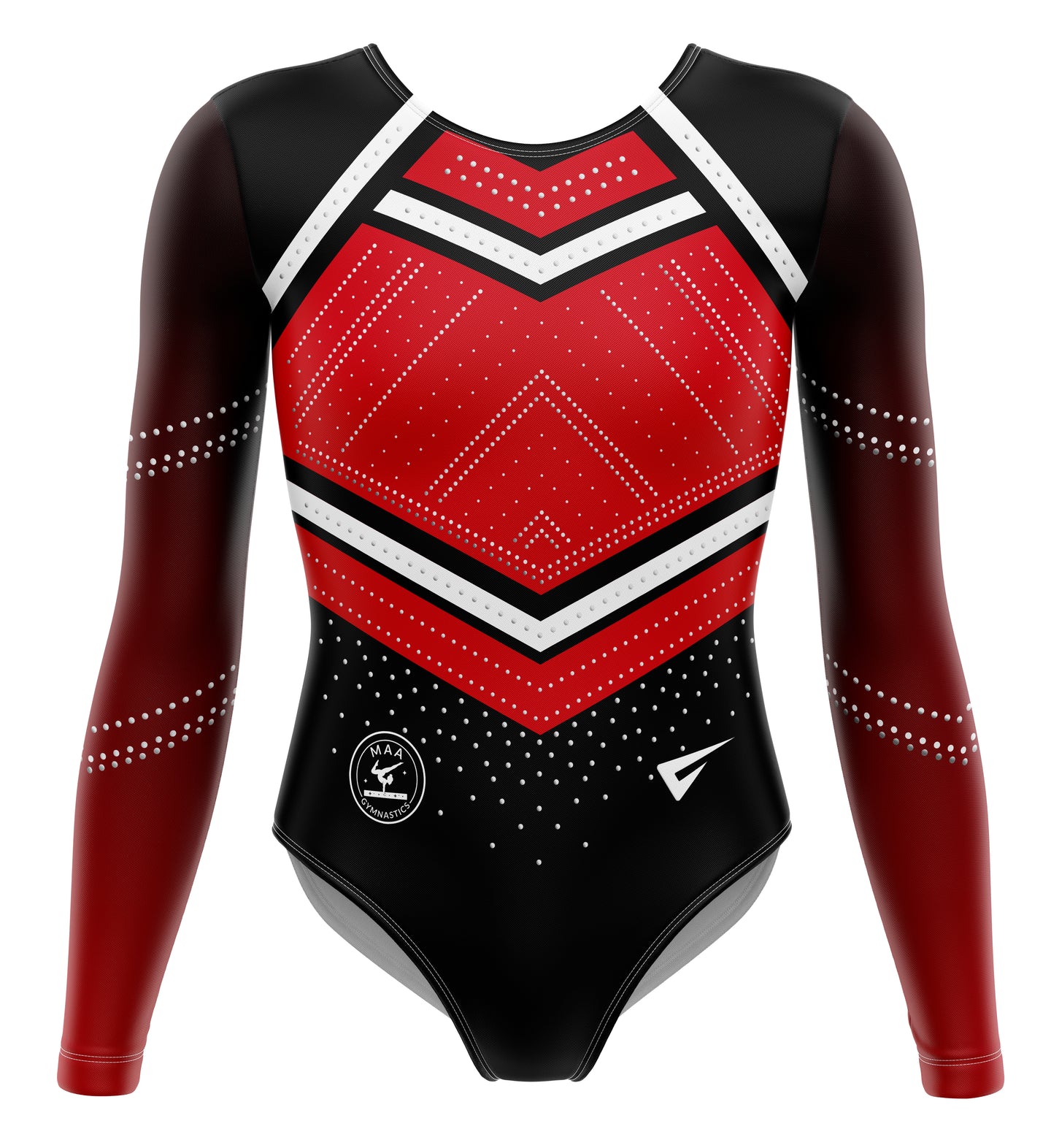 Gymnastics leotard with red, black, and white design on a white background