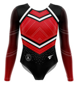 Gymnastics leotard with red, black, and white design on a white background