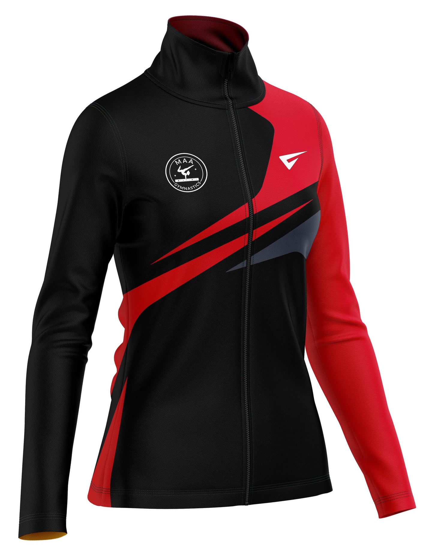 Black and red jacket with a logo on a white background