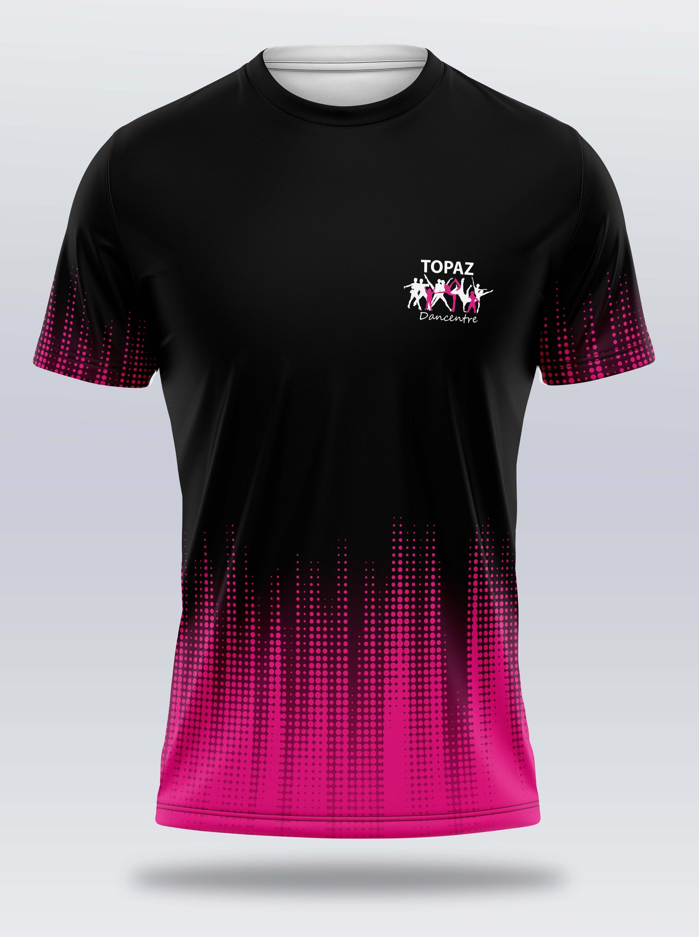 A black short-sleeve athletic t-shirt with a vibrant pink gradient dot pattern along the sleeves and hem, featuring a white 'TOPAZ Gymnastics' logo on the left chest.