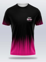 A black short-sleeve athletic t-shirt with a vibrant pink gradient dot pattern along the sleeves and hem, featuring a white 'TOPAZ Gymnastics' logo on the left chest.