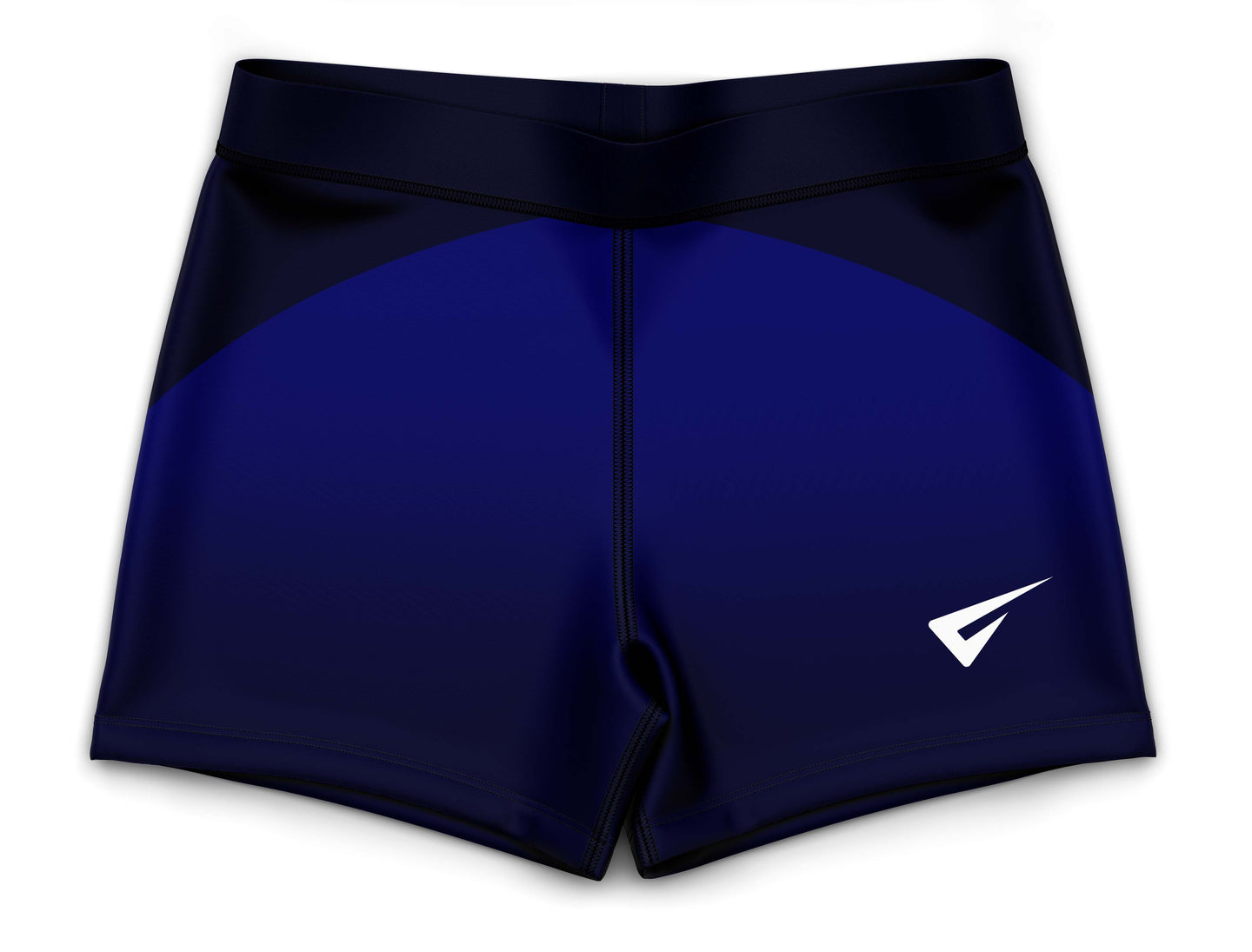 Blue athletic shorts with a black waistband on a white background