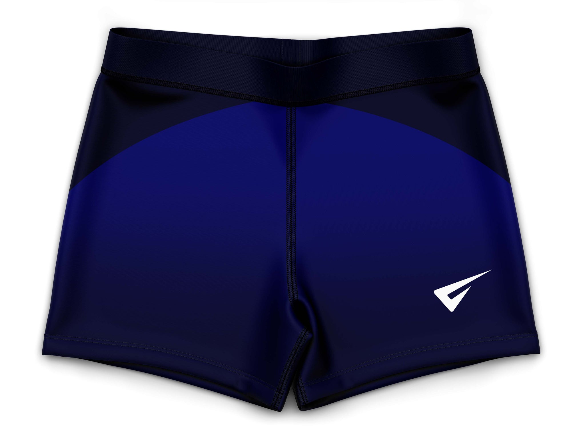 Blue athletic shorts with a black waistband on a white background