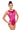 Woman wearing a pink leotard with white geometric patterns on a white background