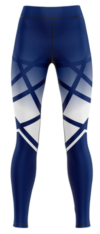 Pair of light blue gym leggings laid flat on a plain background