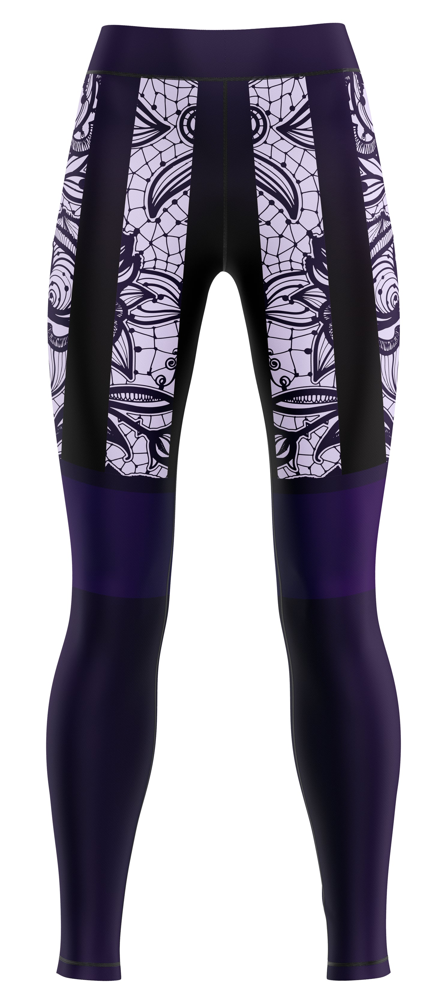 Pair of navy and light blue activewear leggings shown flat, close-fitting with panel detailing
