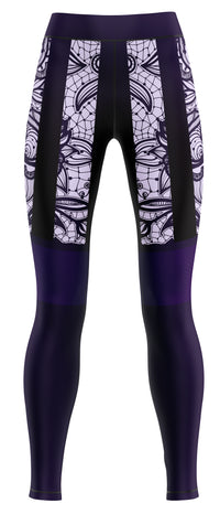 Pair of navy and light blue activewear leggings shown flat, close-fitting with panel detailing