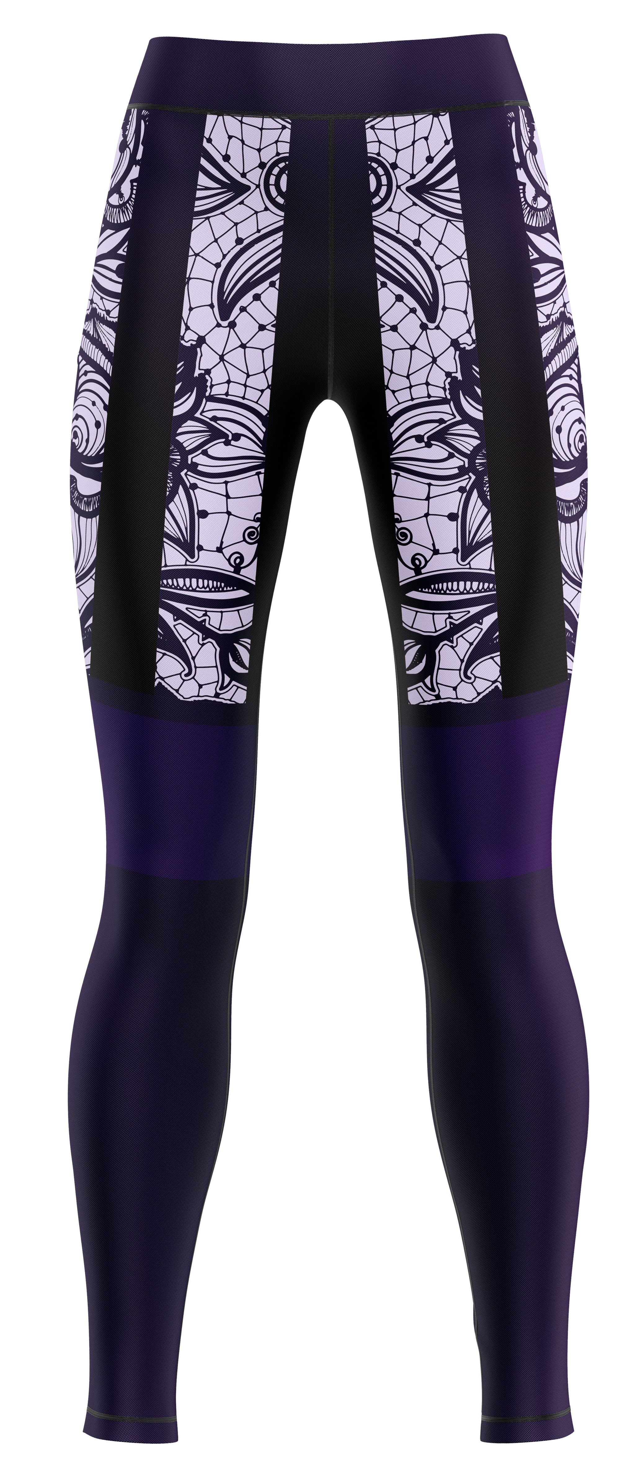 Pair of navy and light blue activewear leggings shown flat, close-fitting with panel detailing