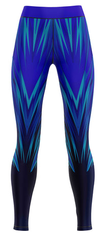 Blue athletic leggings laid flat showing a fitted silhouette