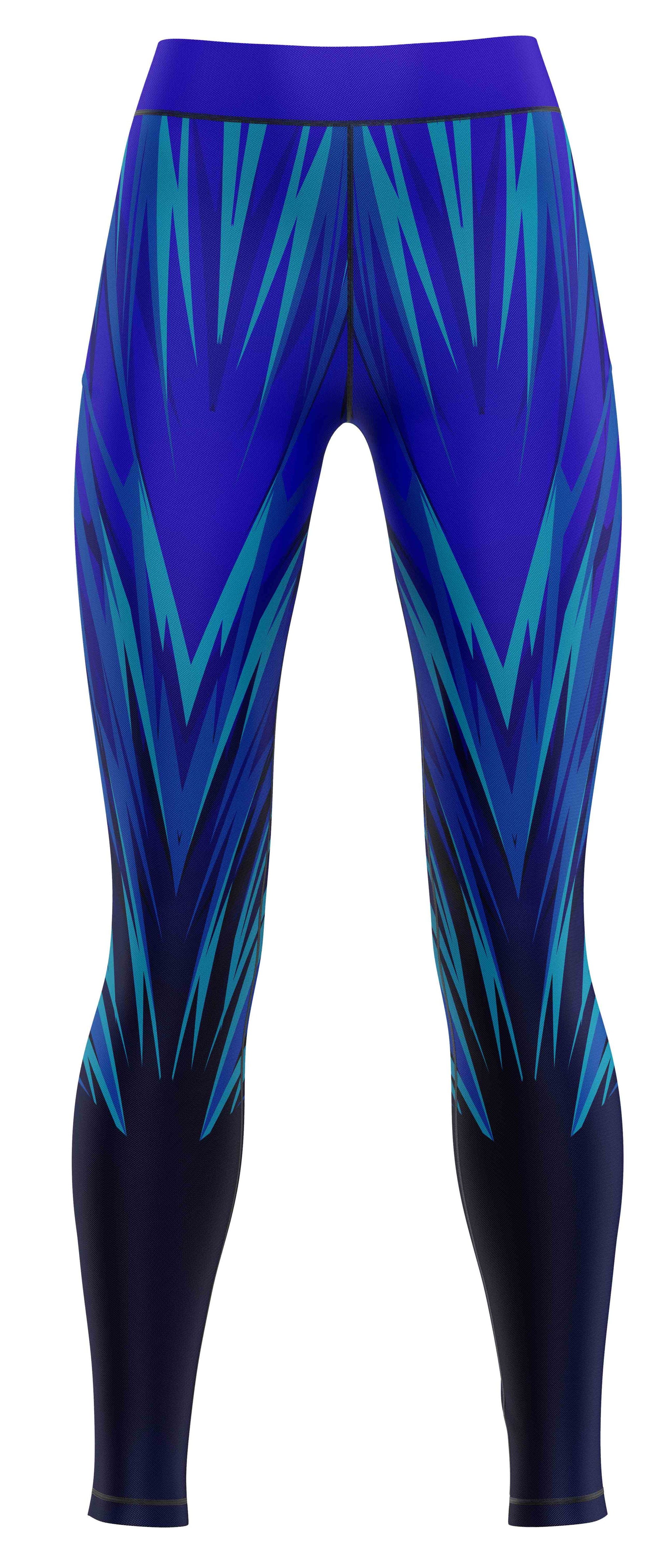 Blue athletic leggings laid flat showing a fitted silhouette