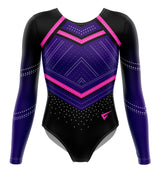 Long sleeve purple and pink ombre-style gymnastics leotard on a plain background