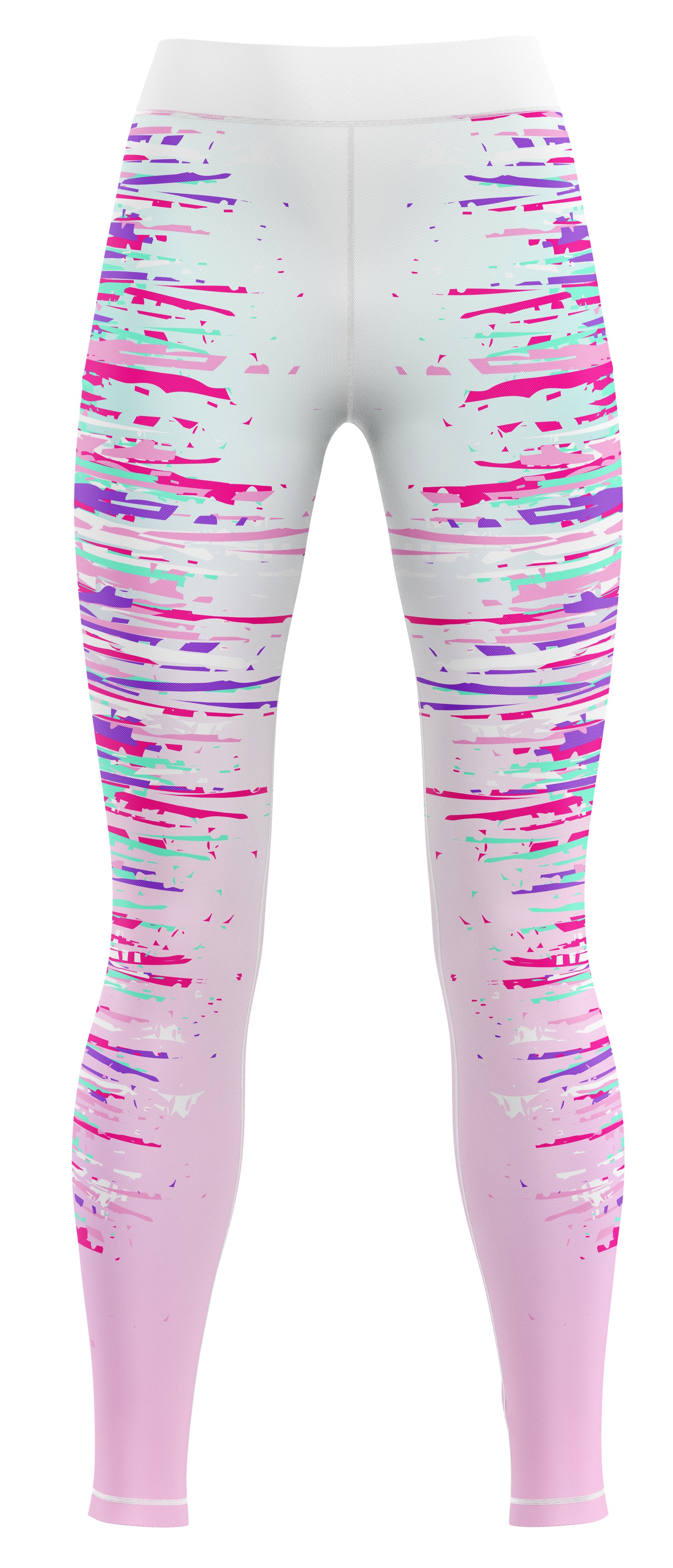 Pair of blue activewear leggings laid flat on a plain background