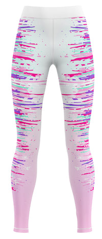 Pair of blue activewear leggings laid flat on a plain background