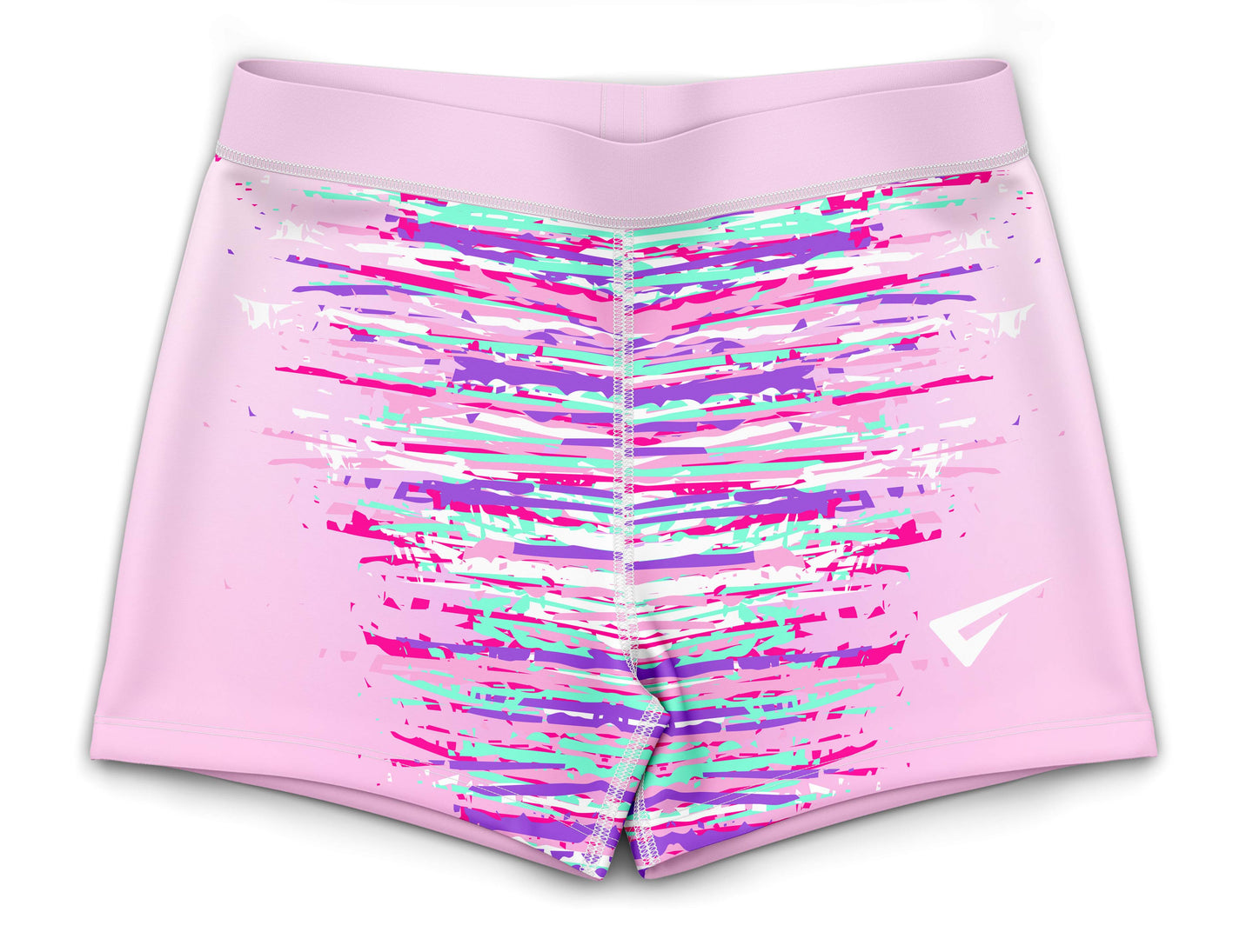 Pink athletic shorts with colorful abstract pattern on a white background