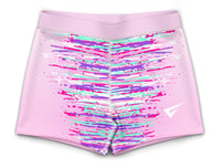 Pink athletic shorts with colorful abstract pattern on a white background