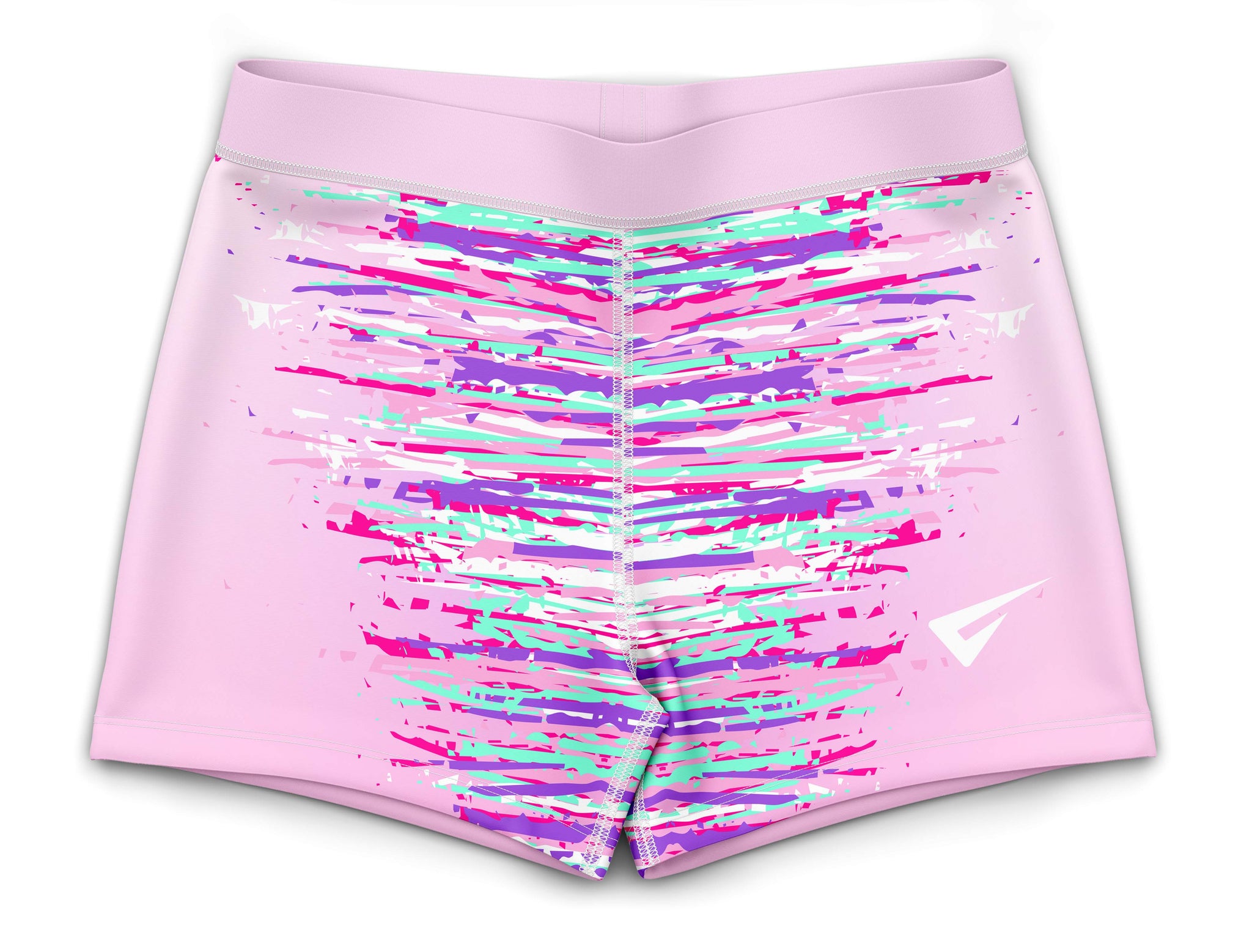 Pink athletic shorts with colorful abstract pattern on a white background