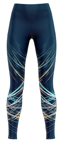 Navy leggings with colourful abstract pattern on a white background