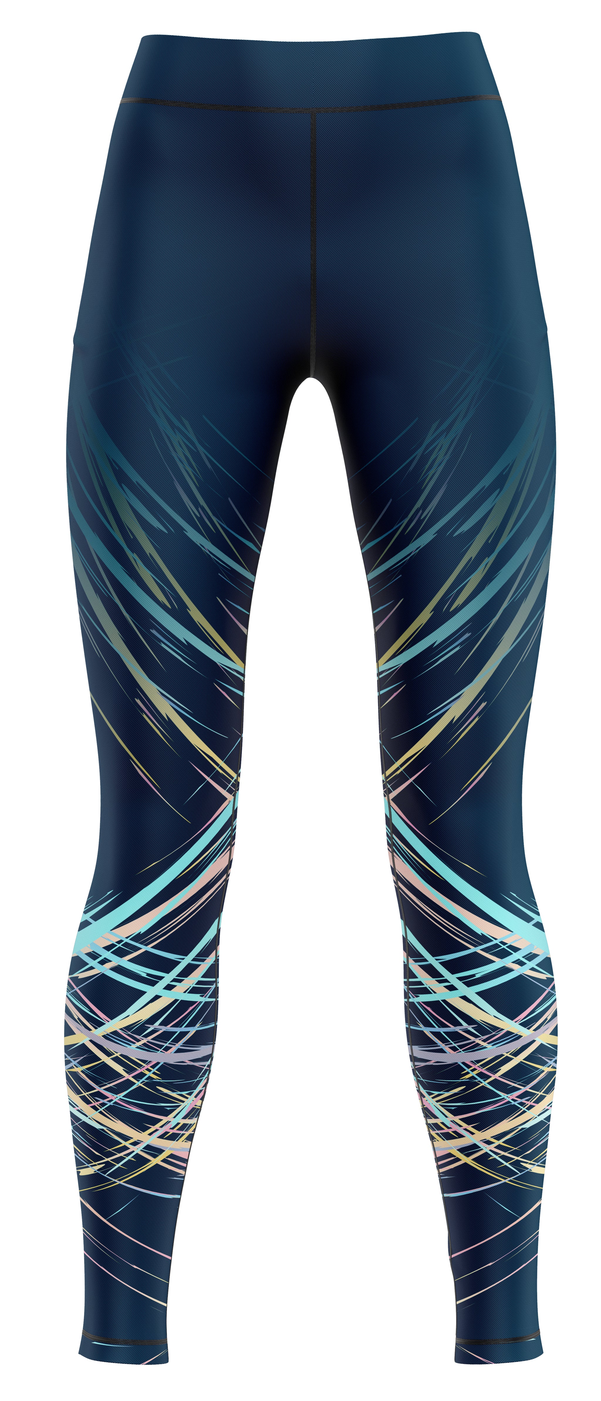 Navy leggings with colourful abstract pattern on a white background