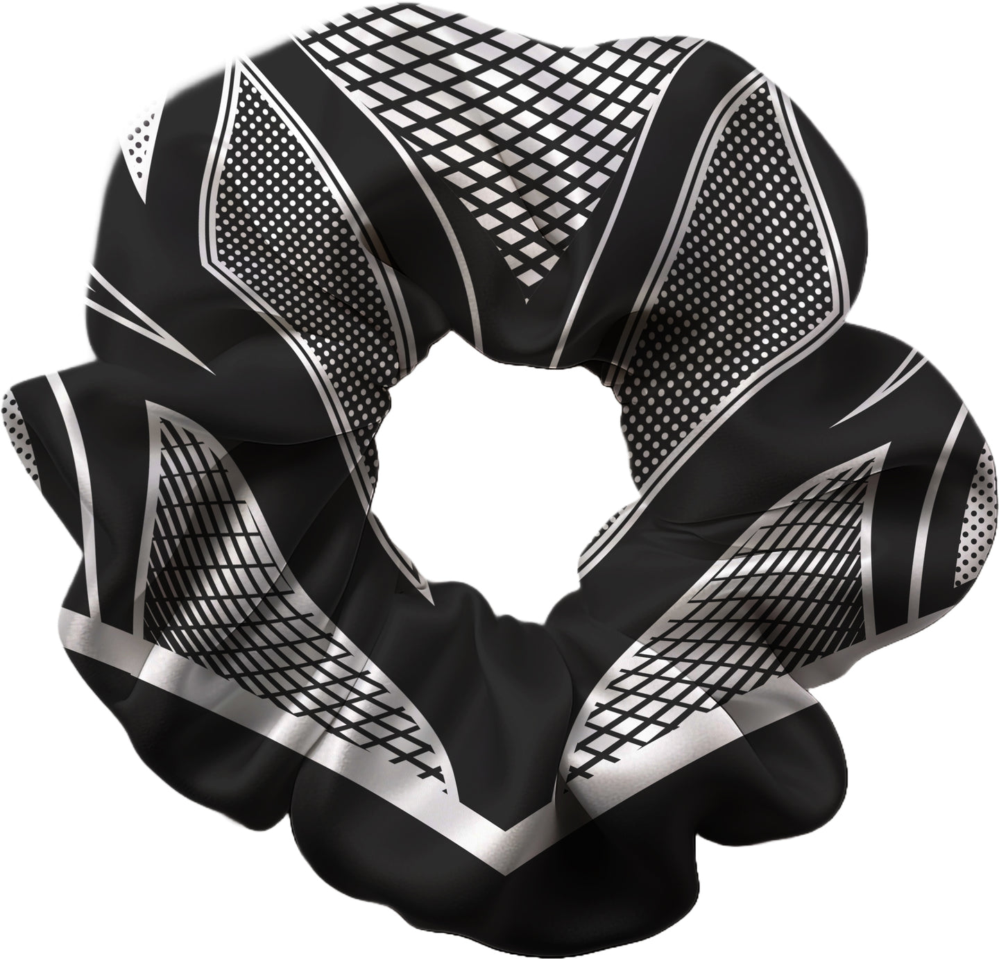 Black scrunchie with white geometric pattern on a white background