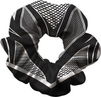 Black scrunchie with white geometric pattern on a white background