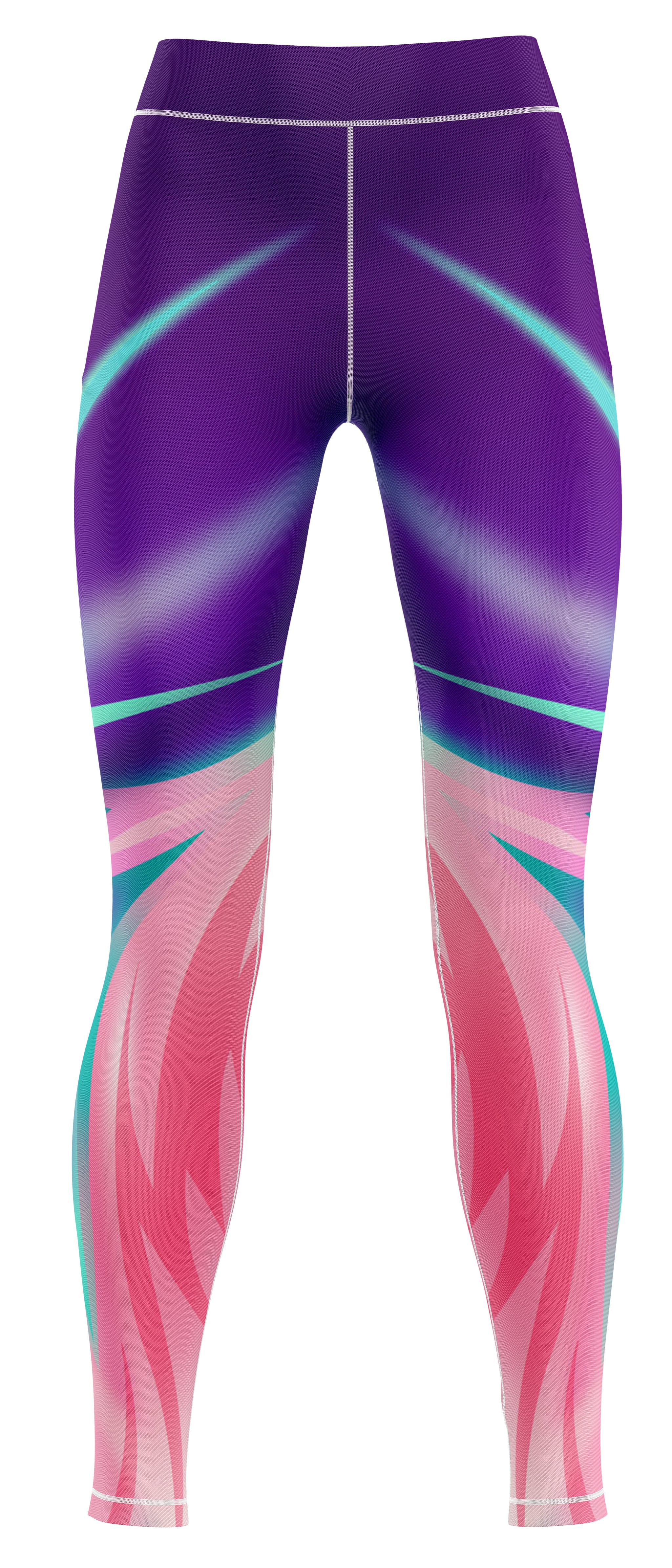 Pair of blue activewear leggings laid flat on a white background