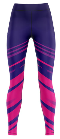 Blue athletic leggings laid flat showing full-length leg and waistband