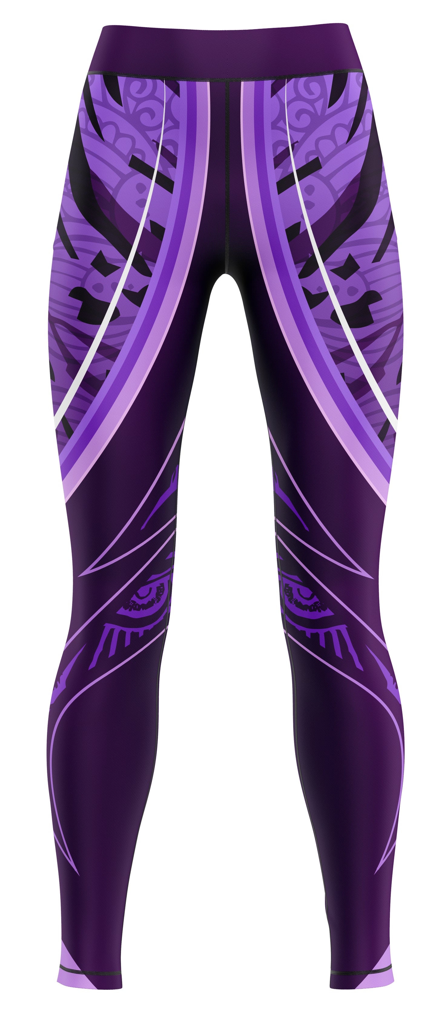 Purple girls' gym and dance leggings laid flat on plain background