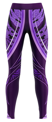 Purple girls' gym and dance leggings laid flat on plain background