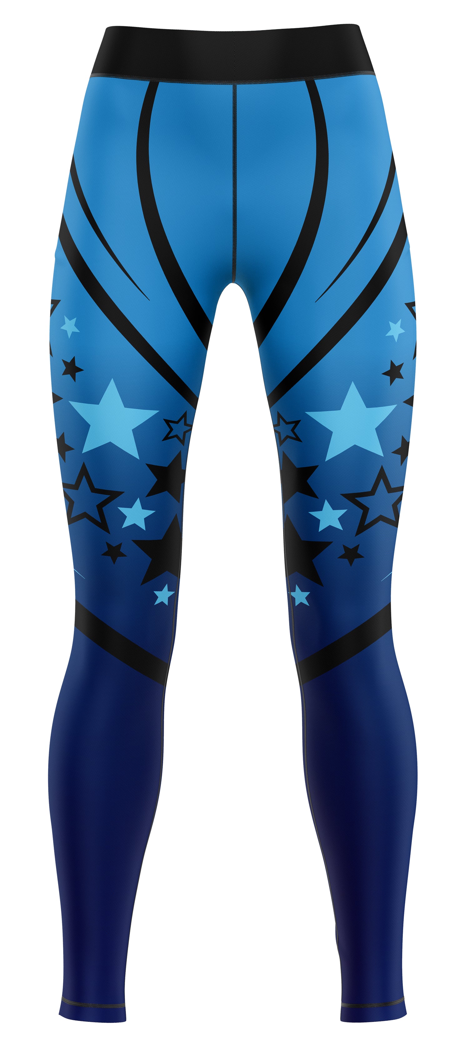 Pair of blue activewear leggings laid flat showing full length and slim fit
