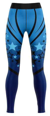 Pair of blue activewear leggings laid flat showing full length and slim fit
