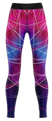 Blue activewear leggings laid flat, close-fitting athletic design