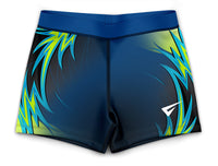 Blue and green gym shorts with a brand logo on a white background