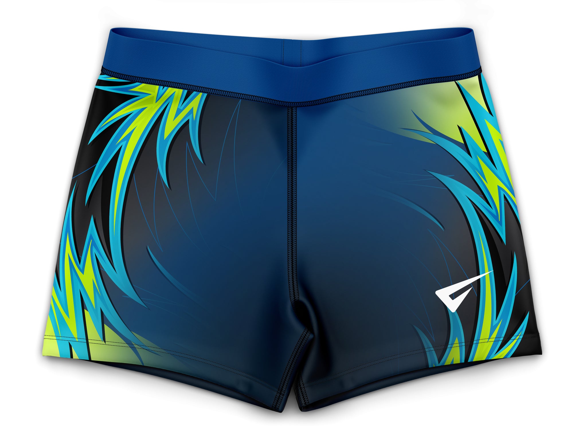 Blue and green gym shorts with a brand logo on a white background