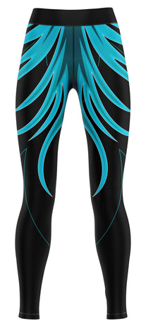Petrol blue activewear leggings laid flat showing full length and colour