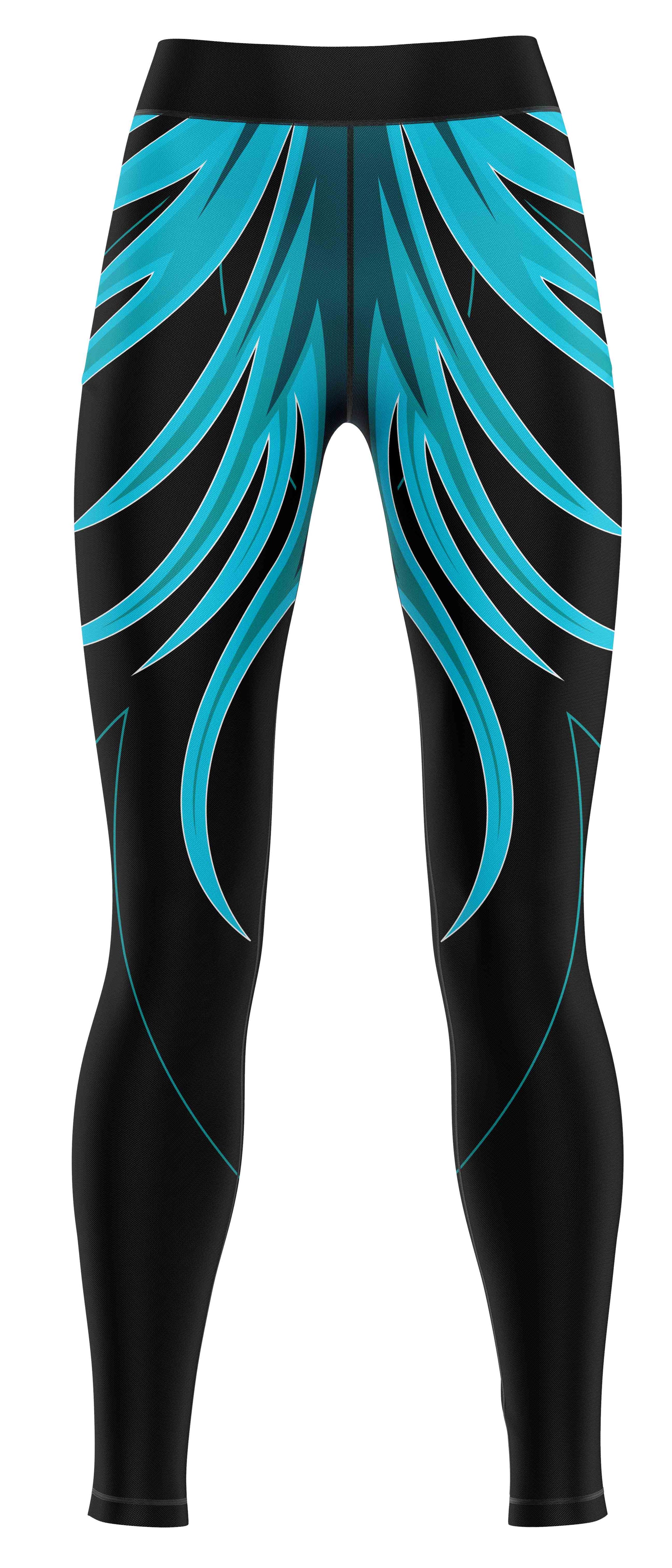 Petrol blue activewear leggings laid flat showing full length and colour