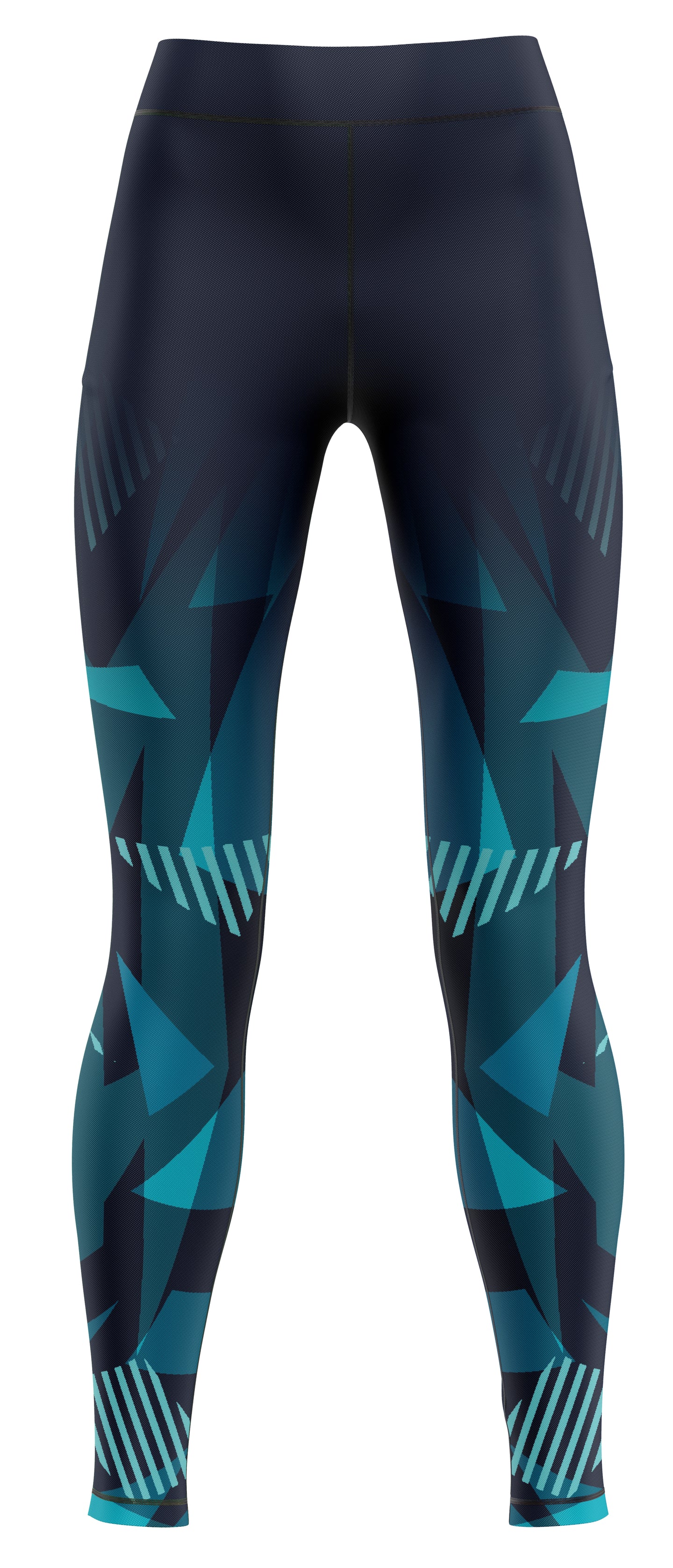 Pair of navy and royal blue girls' athletic leggings laid flat on pale background