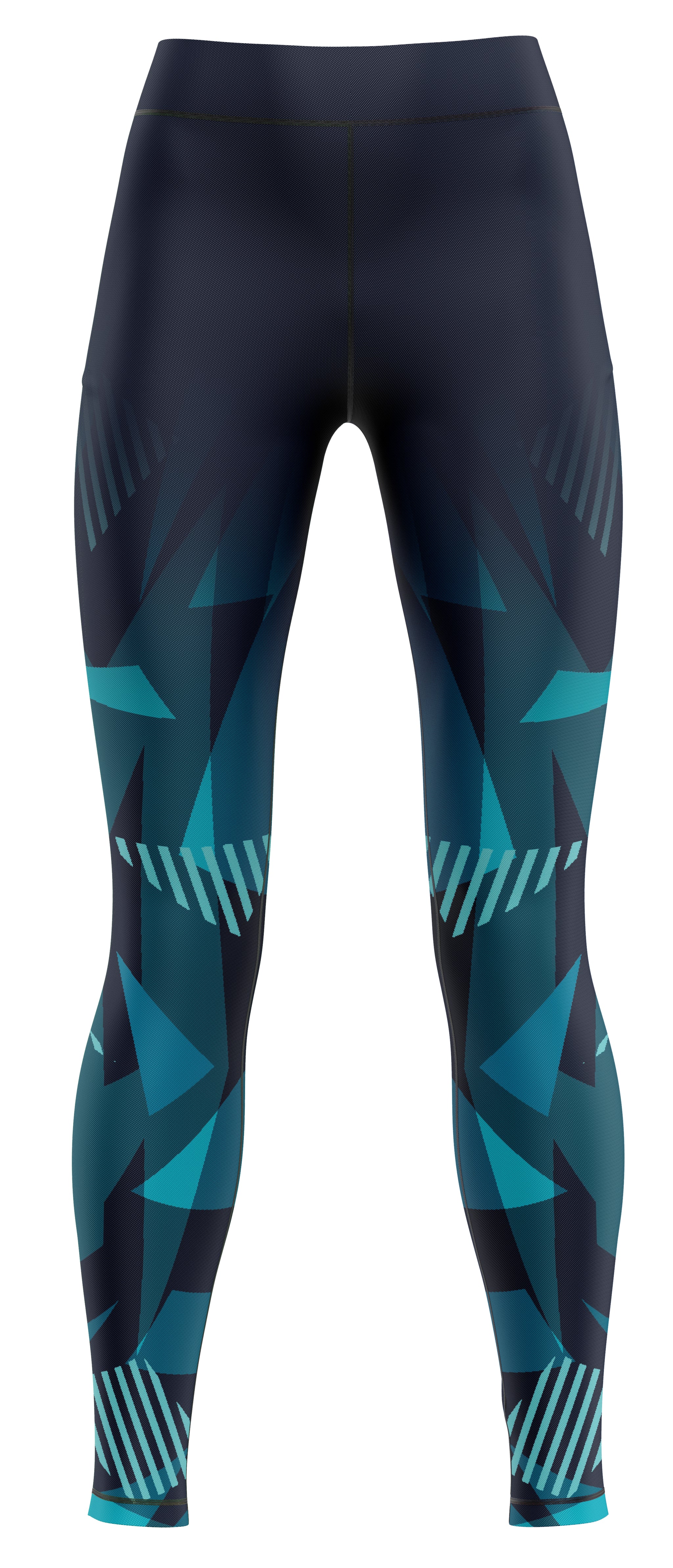Pair of navy and royal blue girls' athletic leggings laid flat on pale background