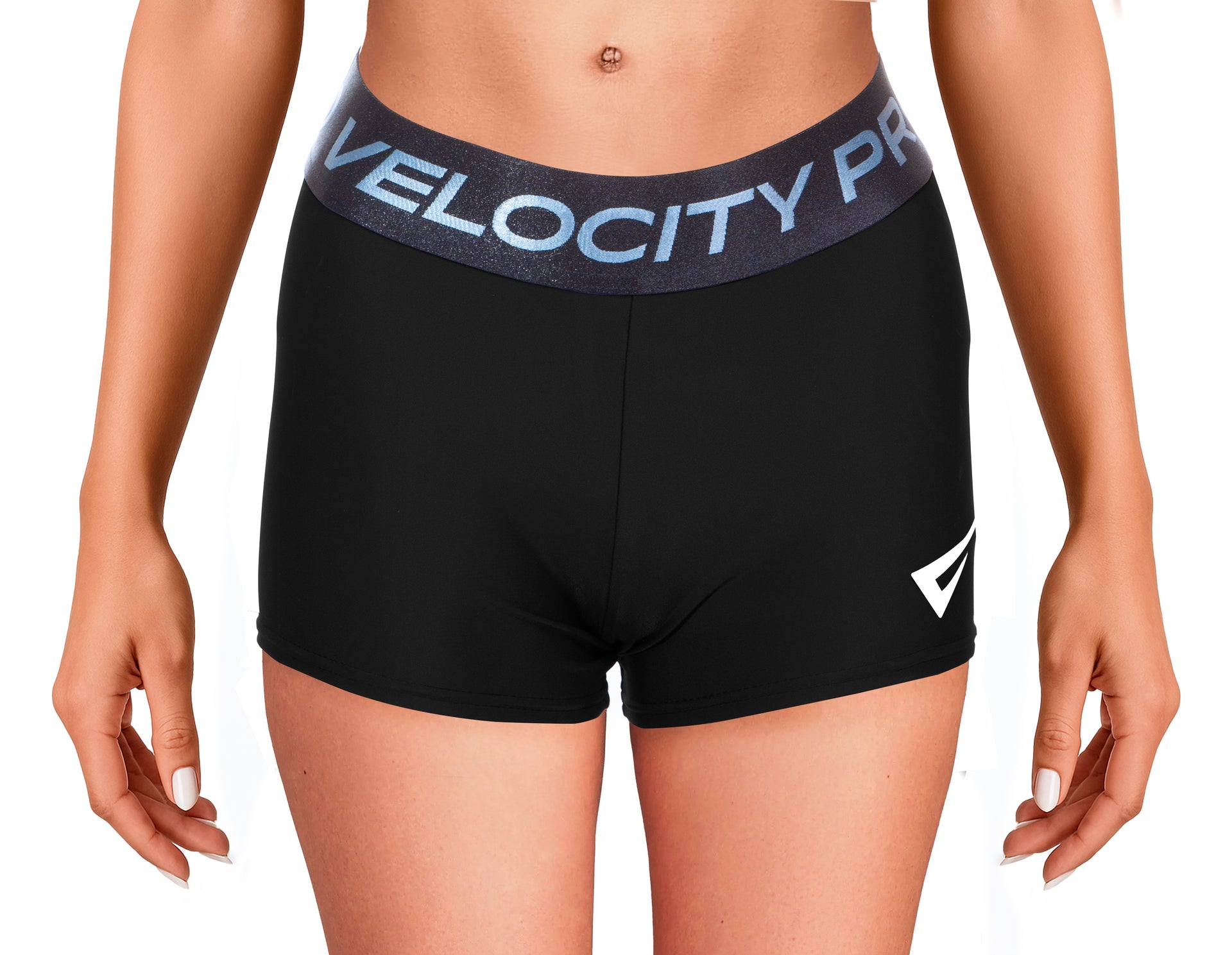 Black athletic shorts with Velocity Pro elastic waistband on a white background