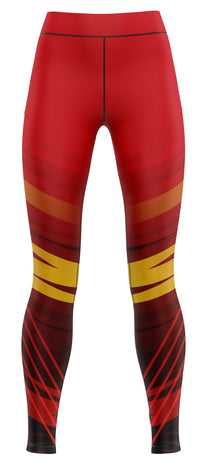 Pair of blue activewear leggings with navy and royal blue tones on a plain background