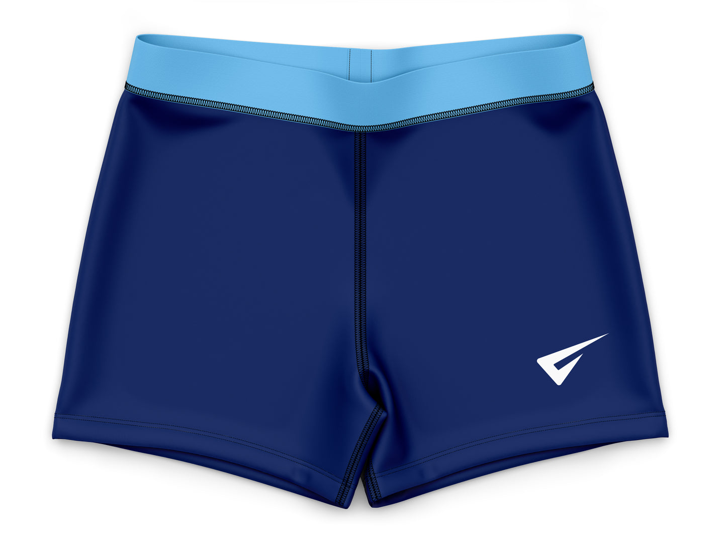Blue athletic shorts with a white logo on a white background