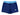Blue athletic shorts with a white logo on a white background