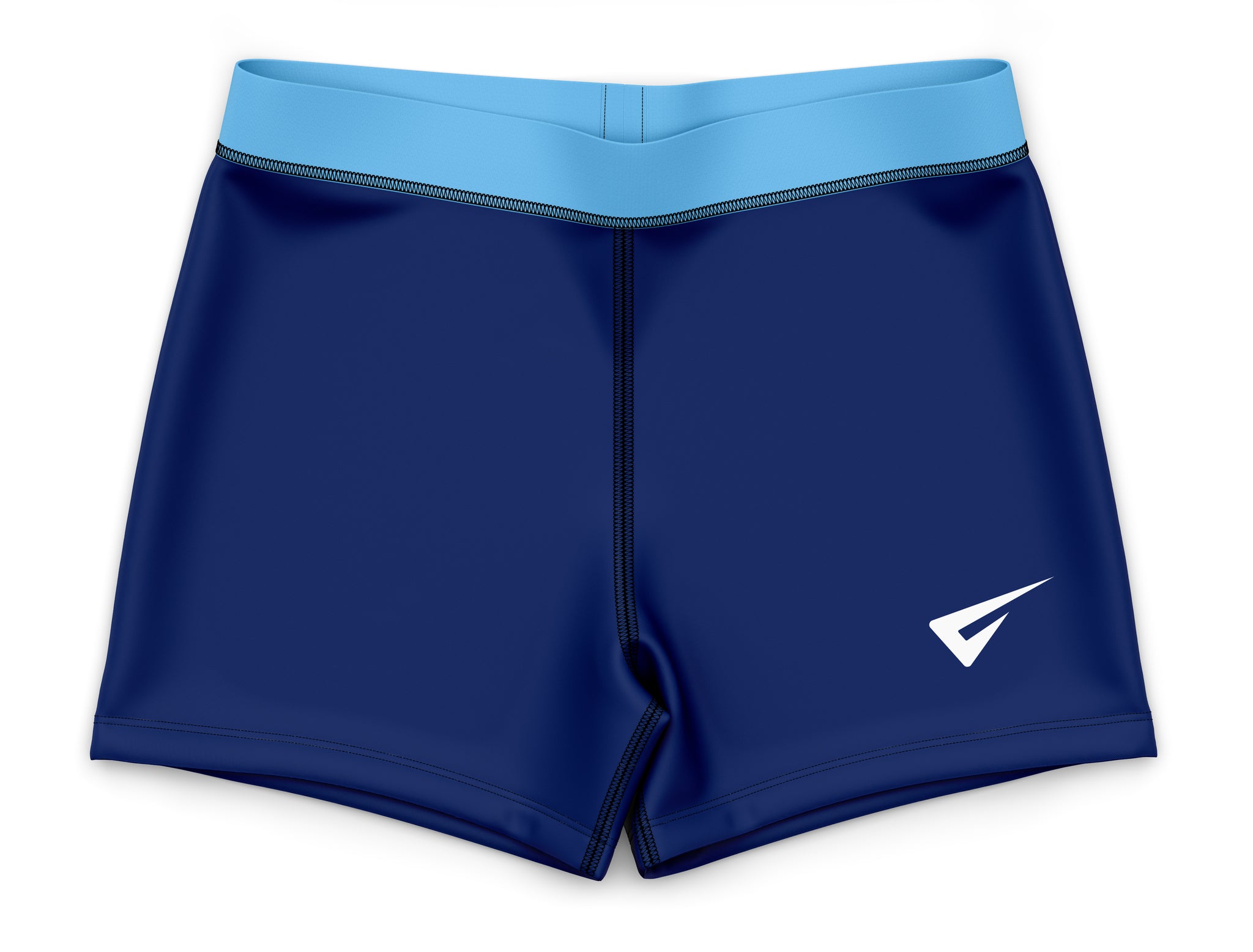 Blue athletic shorts with a white logo on a white background
