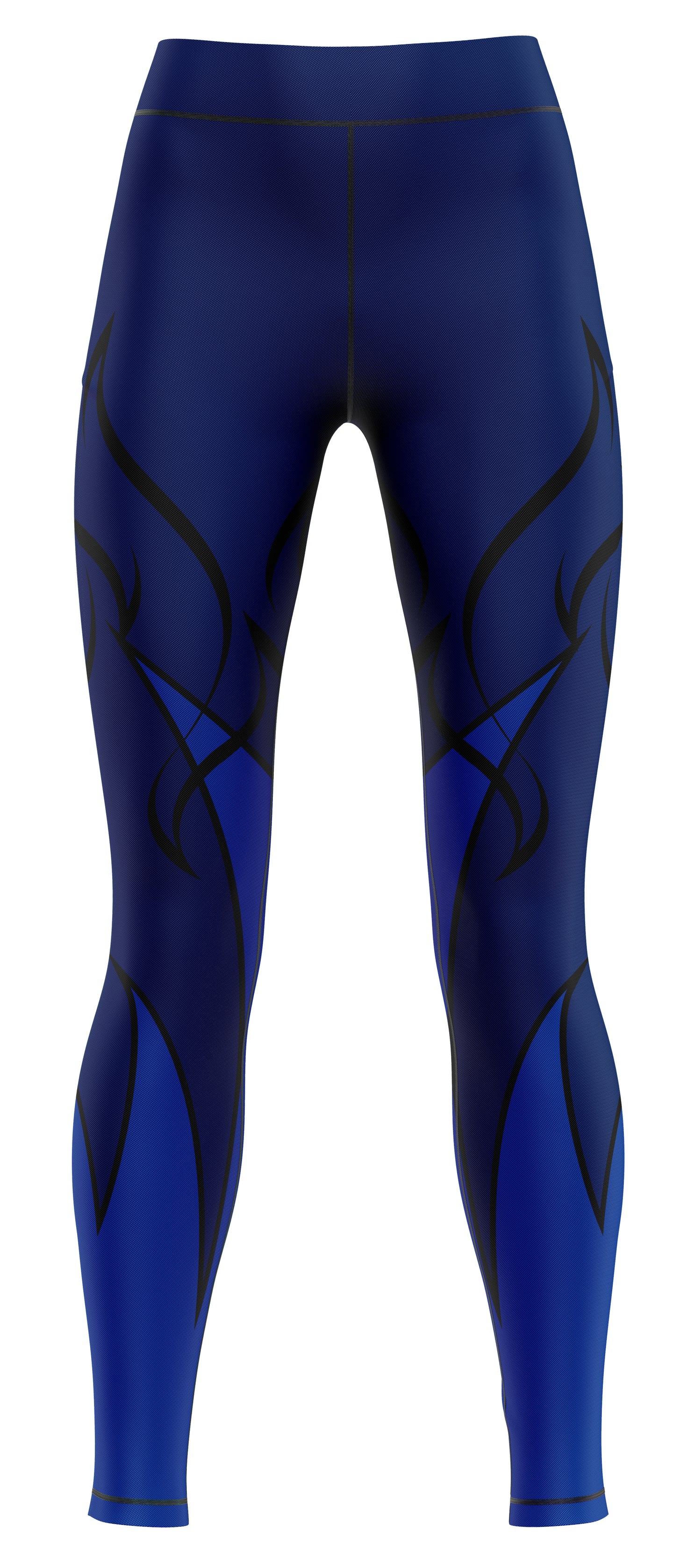 Navy blue athletic leggings laid flat on a neutral background