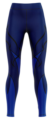 Navy blue athletic leggings laid flat on a neutral background