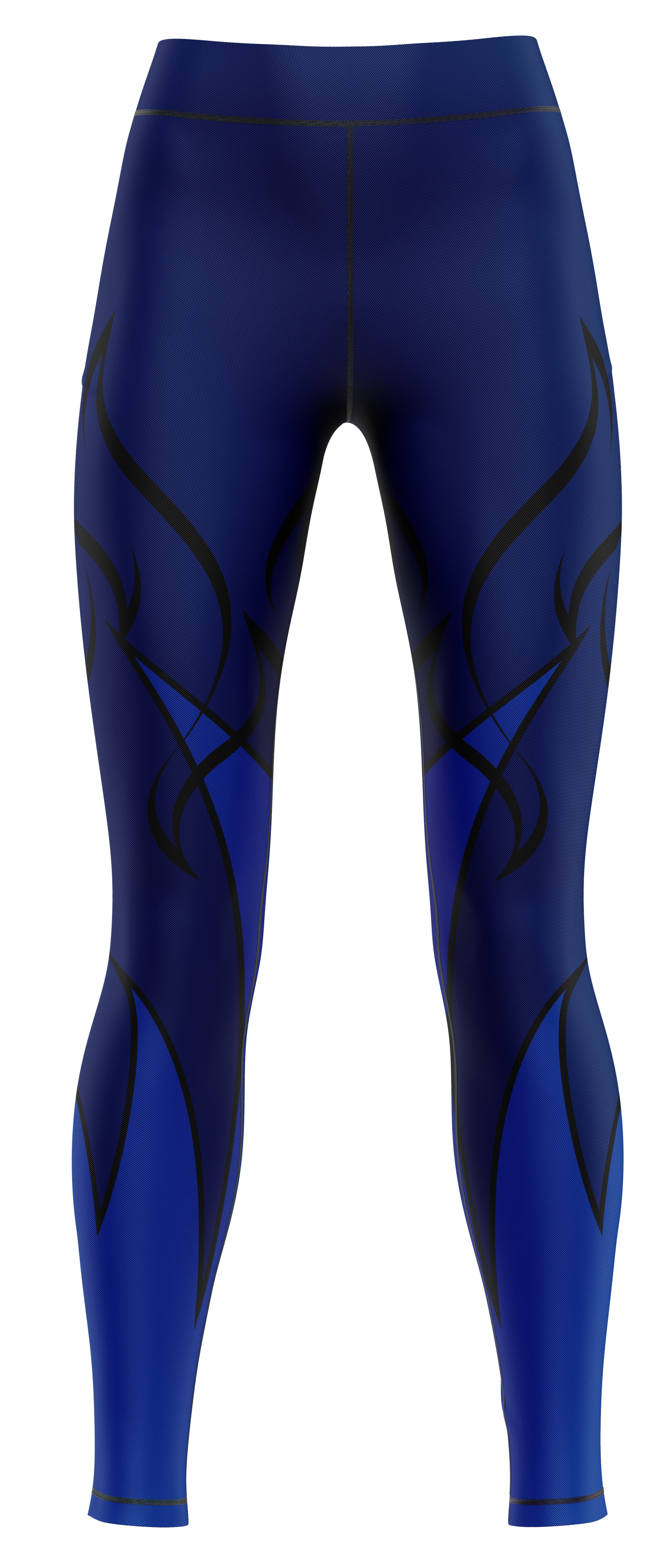Navy blue athletic leggings laid flat on a neutral background