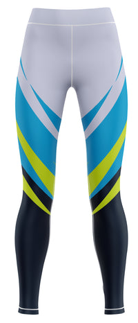 Pair of blue gymnastics and dance leggings laid flat, suitable for training and practice
