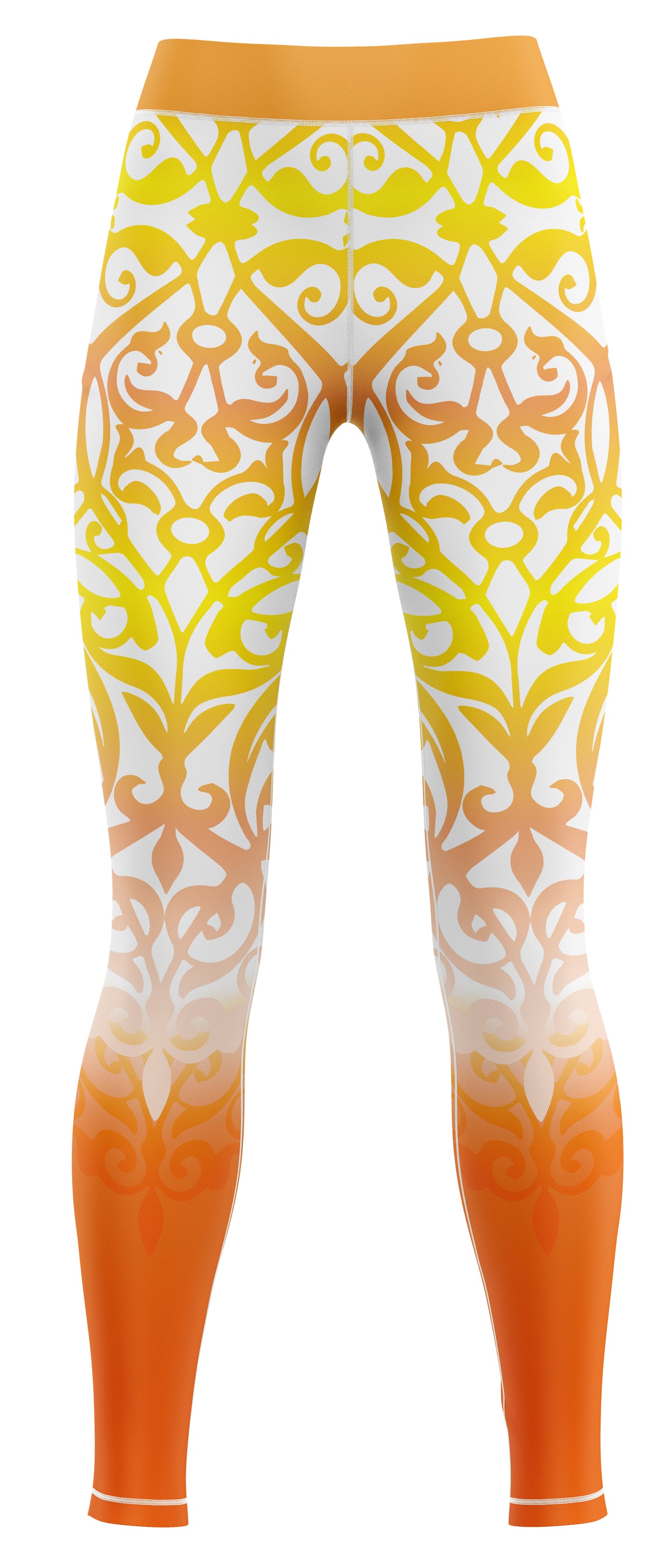 Pair of orange and yellow gym leggings on a plain background
